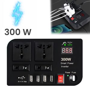 Invertor Auto 300W, GlowforHome, 4 Porturi USB A 4.1A, 2 Prize EU iesire 230V Romania, Protectie Suprasarcina si Supraincalzire, Portabil, Utilizat Simultan pentru Laptop, Telefon si Multiple Electronice, alimentare priza auto 12V, Negru