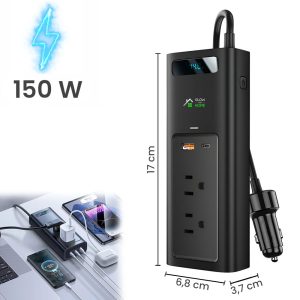 Invertor auto/Incarcator pentru masina, GlowforHome, 1 Port USB A, 1 Port Type-C, USB, 220V, AC, Noua Protectii pentru Securitate, Utilizat Simultan pentru Laptop, Telefon si Multiple Electronice, alimentare priza auto 12V, Negru