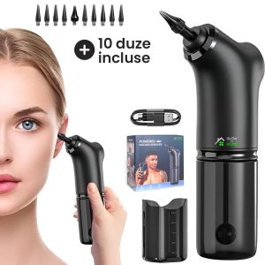 Aparat portabil pentru curatat urechile, GlowforHome, Indeparteaza eficient ceara din ureche, 4 moduri de curatare, Kit 10 duze de scos cerumenul, rezistent la apa, acumulator Incarcare USB, LED, Capacitate 250ml, pentru Adulti/Copii, negru