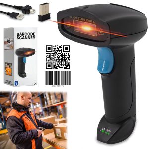 Cititor coduri de bare wireless cu laser, GlowforHome, 1D/2D/QR/EAN-13, Scanner Portabil fara fir, utilizat in depozit sau magazin, Bluetooth, Acumulator inclus, Reincarcabil USB, 2.4 GHz Wifi pana la 100m fara obstacole, Compatibil PC, Mac OS, Negru