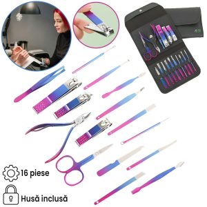 Trusa profesionala manichiura si pedichiura, GlowforHome, din otel inoxidabil, durabil, usor de taiat, cu pila, foarfeca, unghiera, cleste cuticule, instrumente indepartare calus, 16 piese, etui depozitare elegant, Multicolor